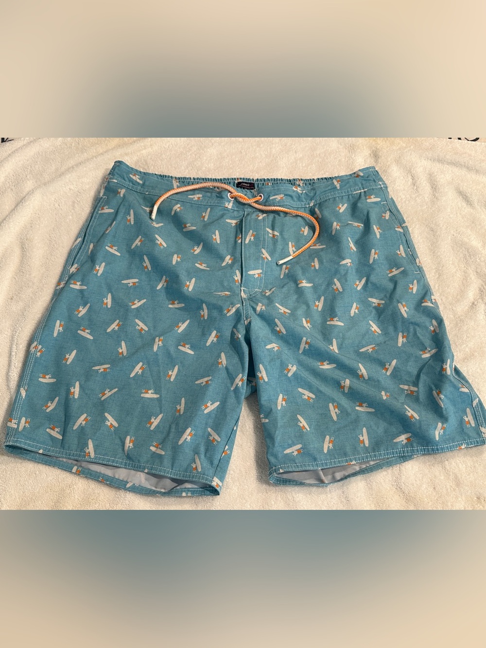 johnnie-O Teal Swim Shorts with Orange Surfboard Print